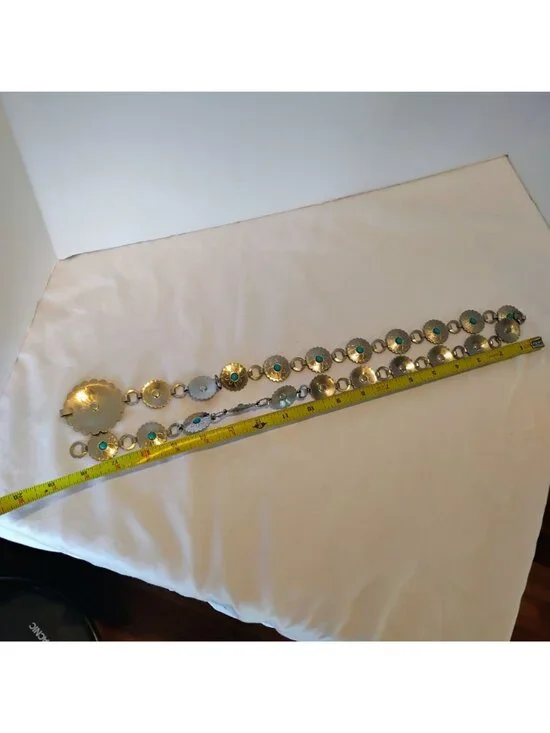 Silver Metal Concho Belt w/ Faux Turquoise Adjustable up to 37" Vintage Cowgirl - Picture 6 of 9